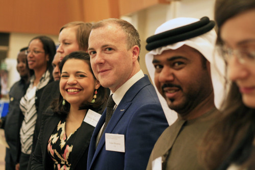 In line waiting for the official presentation on stage at NYC. Adreina Duarte(Venezuela) smiling next to UK's representative from North Ireland Conor Houston. Just out of focus is Yasem Albloshi (U.A.E). Photo Carolina Hawarnek