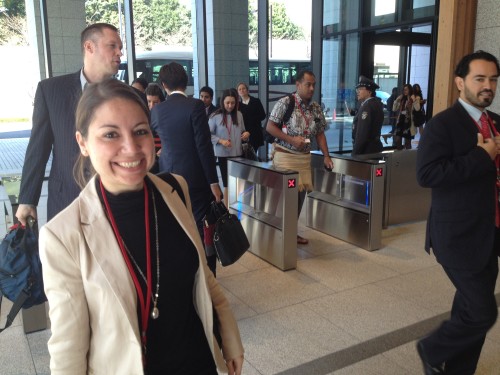 The delegates passing the security at Government building no. 8 for the formal report session on day 3 of Tokyo conference 2016. Almudena Ramos (Spain) to the left, followed by Louis Beauregard (Canada) and Augustine Bartning (USA) to the right.